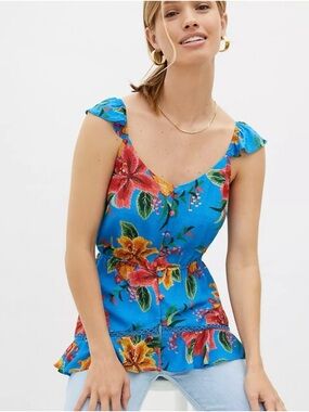 New Farm Rio Blue Floral Ruffle Sleeveless Top Size S